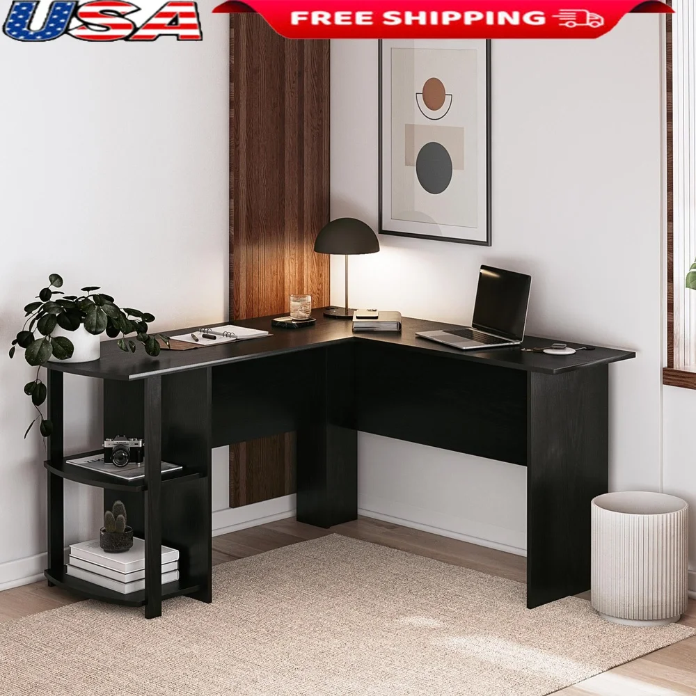 

L Shaped Desk with Side Storage Computer Workstation Home Office Desk with Shelves Cable Management Black Oak MDF