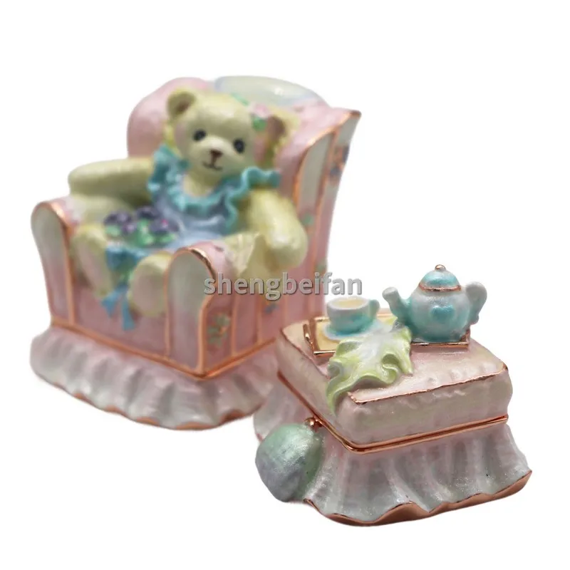 المعادن الحرفية المينا زخرفة الدب طاولة شاي صندوق مجوهرات الديكور هدية عيد ميلاد حلية صندوق للمنزل ديكور قلادة خواتم القرط