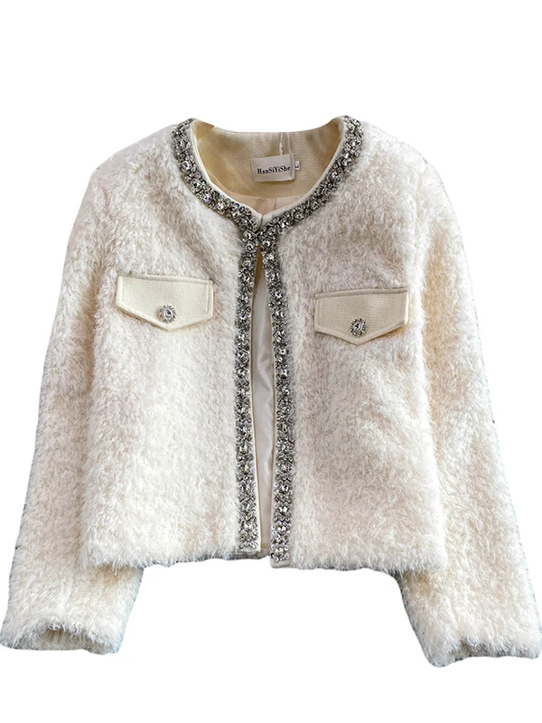   معطف فرو شتوي نسائي من V-Ne Jaet مرصع بالألماس الأبيض، ملابس خارجية منسوجة ثقيلة