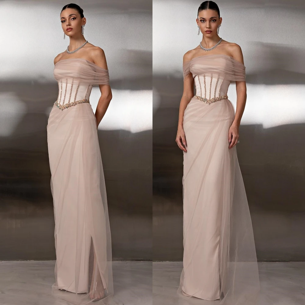 

Customized Luxury Tulle Evening Dress Delicate Straight Boat Neck Prom Dresses Temperament Sweep Train Special Occasion Gowns