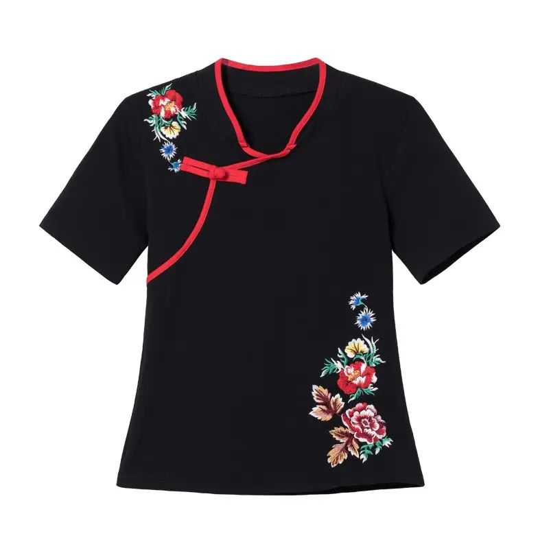 Traditional chinese clothing womens plus size tops 2024 summer cotton blend embroidery color splicing tang costume shirts woman