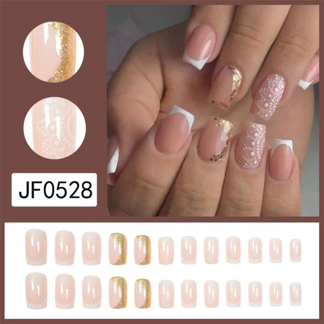 24pcs Artificial Acrylic Nail Art Fake Nails Square Head Lotus Root Pink Removable Press on Nails Slanted Strip False Nail Tips