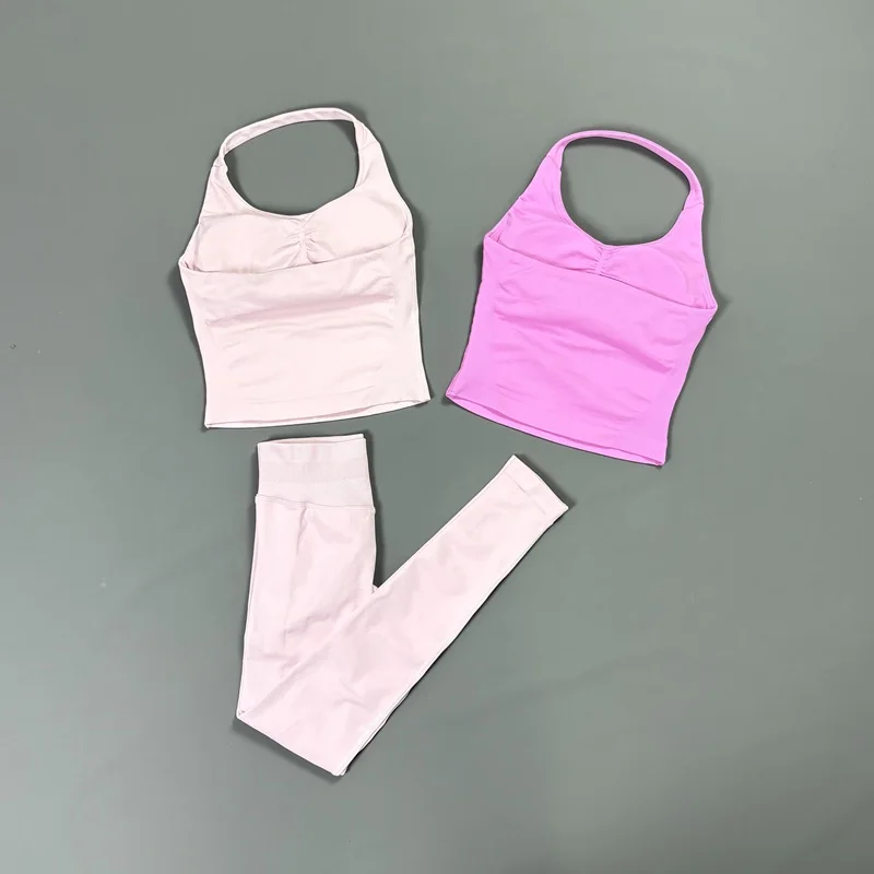 2Pcs HISTELLO Seamless Workout Set Backless Halter Tank Top Butt Lifting Scrunch Leggings Breathable Fitness Run Gym Sportswear