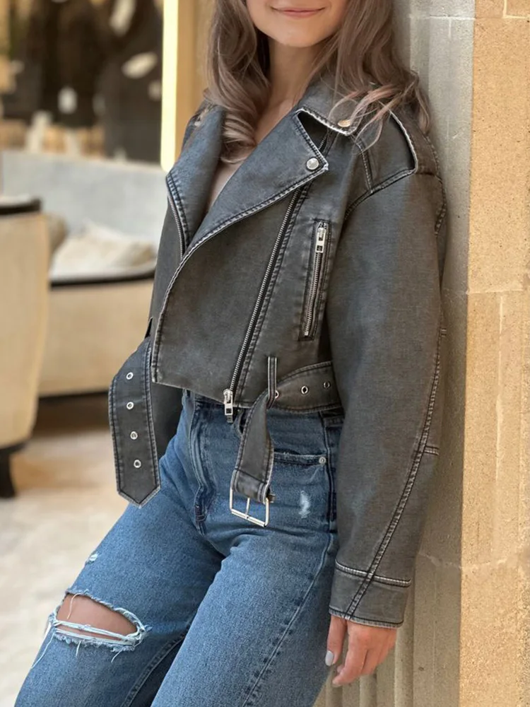 Ailegogo Spring Autumn Women Loose Retro Faux Pu Leather Short Jacket Streetwear Female Zipper Belt Coat Moto Biker Outwear