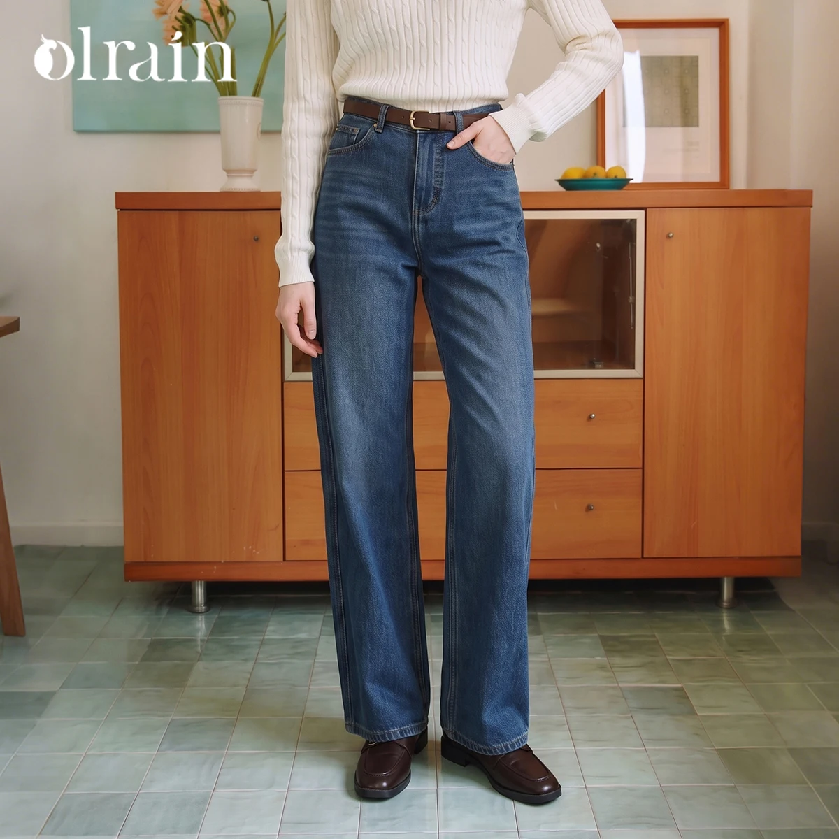 OLrain women's clothing 2026 autumn and winter new retro washing water blue high elastic medium and high waist strai O58QA009558