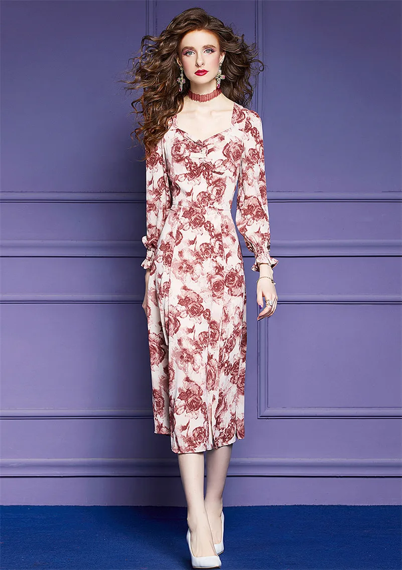 Lente Elegante Dames Lange Jurk 2024 Nieuwe Jurk Met Bloemenprint Vierkante Kraag Sexy Split Lange Jurk Elegante Slanke Jurk Vestidos