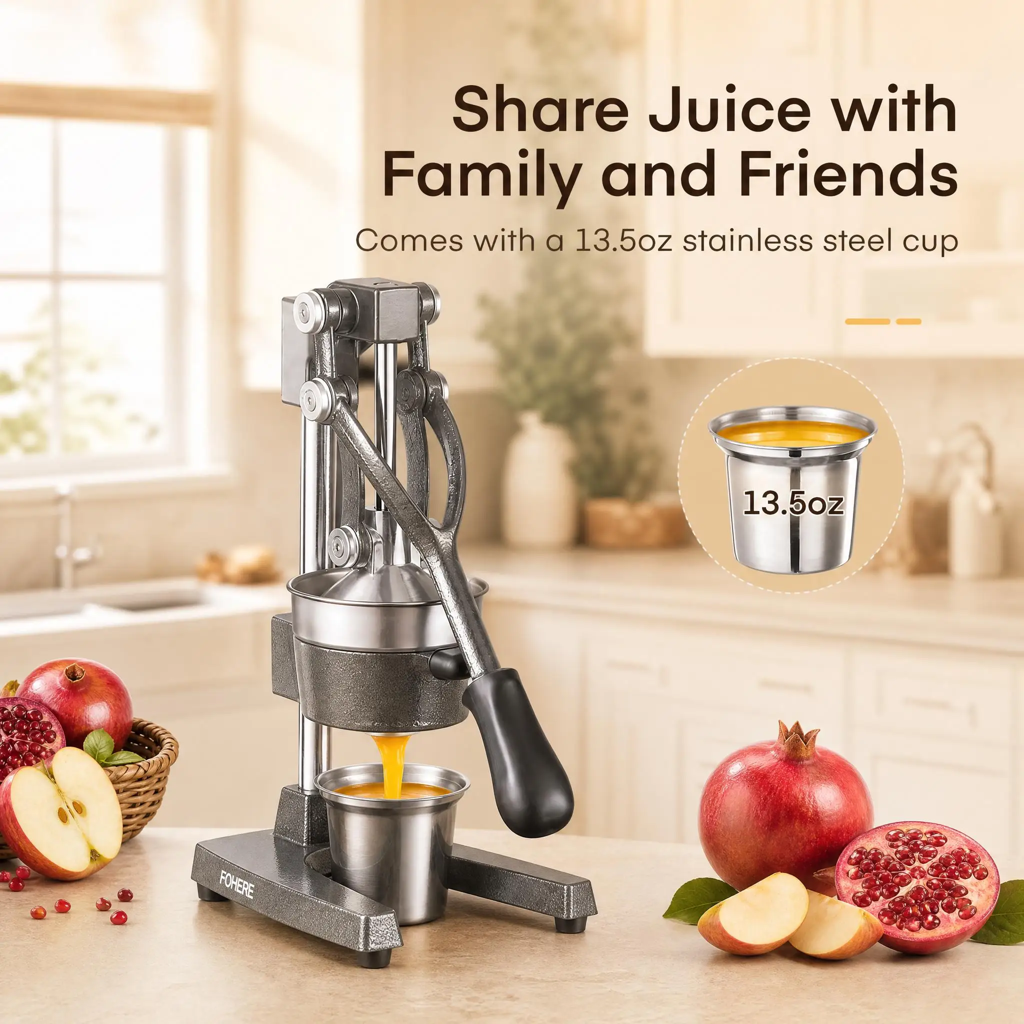 Heavy Duty Manual Cast Iron Juicer Citrus Squeezer Commercial Hand Press Orange Lemon Fruit Extractor with 400ml Stainless Steel Cup