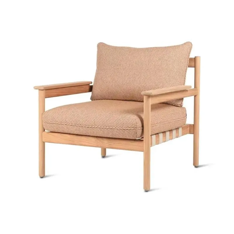 for Teak outdoor sofa with woven base and armrests.