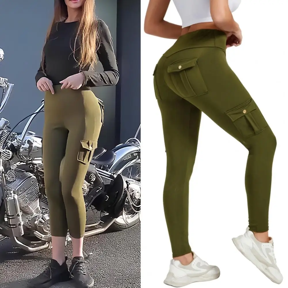 Women Cargo Leggings with Pockets High Waist Tummy Control Hip Lifting Yoga Tight Pants Stretch Body Shaping Skinny Trousers