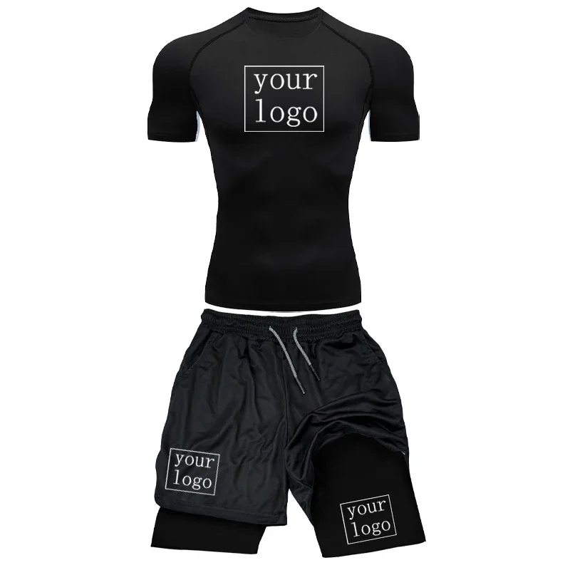 Men's Custom Printed Compression Set, Team Logo Gym Top+training Shorts, Breathable Quick Drying Rash Protective Clothing