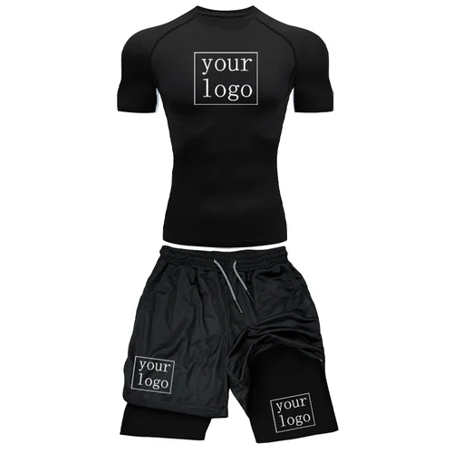 Conjunto de compresión impreso personalizado para hombre, camiseta de gimnasio con logotipo del equipo + pantalones cortos de entrenamiento, ropa protectora transpirable de secado rápido
