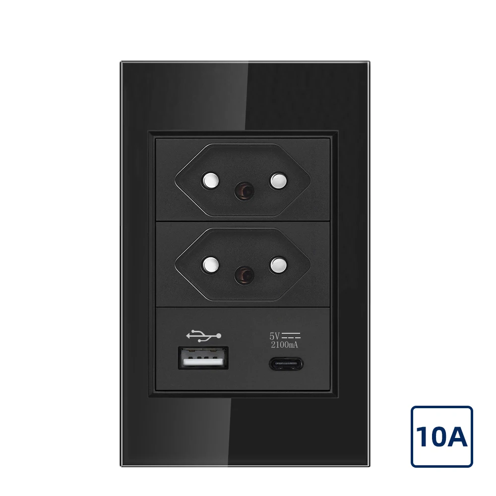 10A/20A Brazil Socket with USB Type-C 5V 2100mA, 118*72mm Tempered Glass Panel