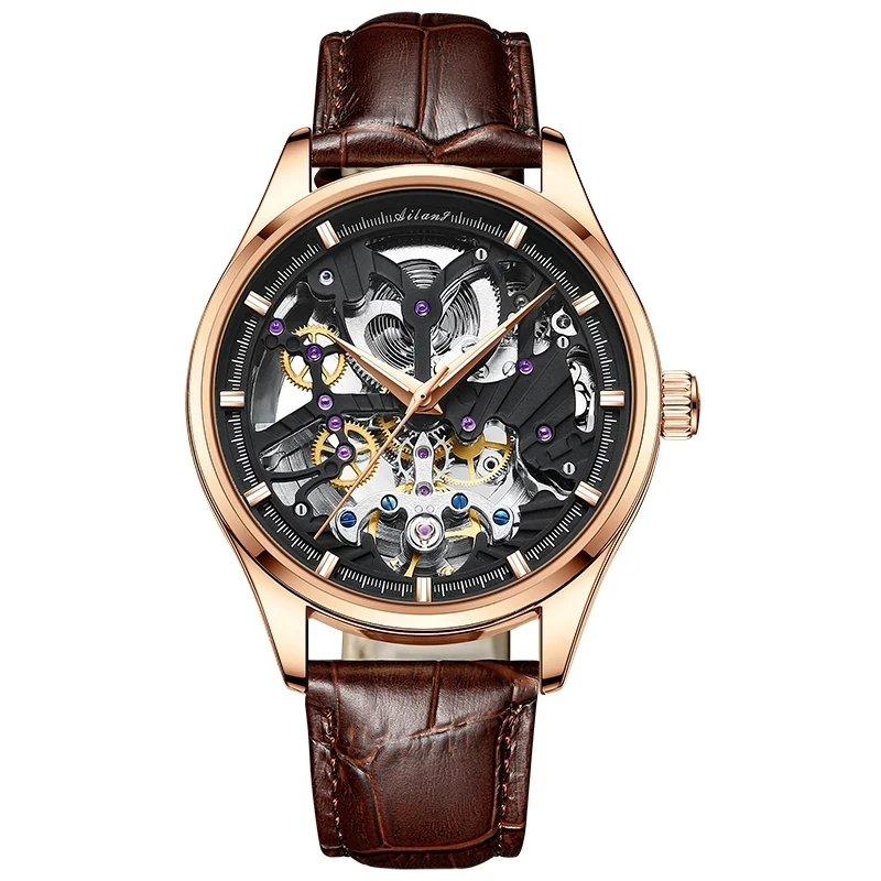 AILANG Watches Classic Rose Gold Case Male Skeleton Clocks Automatic Mechanical Brown Leather Hollow Watch Relogio