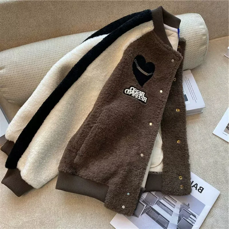 

American Vintage Bump Color Lamb Wool Baseball Uniform For Women 2022 Winter Warm Thickened Versatile Short Polar Fleece Coat X5