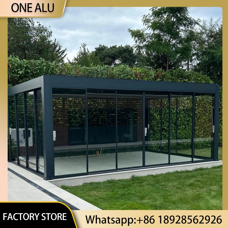 Luxury Aluminum Louvered Gazebo with Glass Enclosure LED Lights Waterproof for Garden Patio
