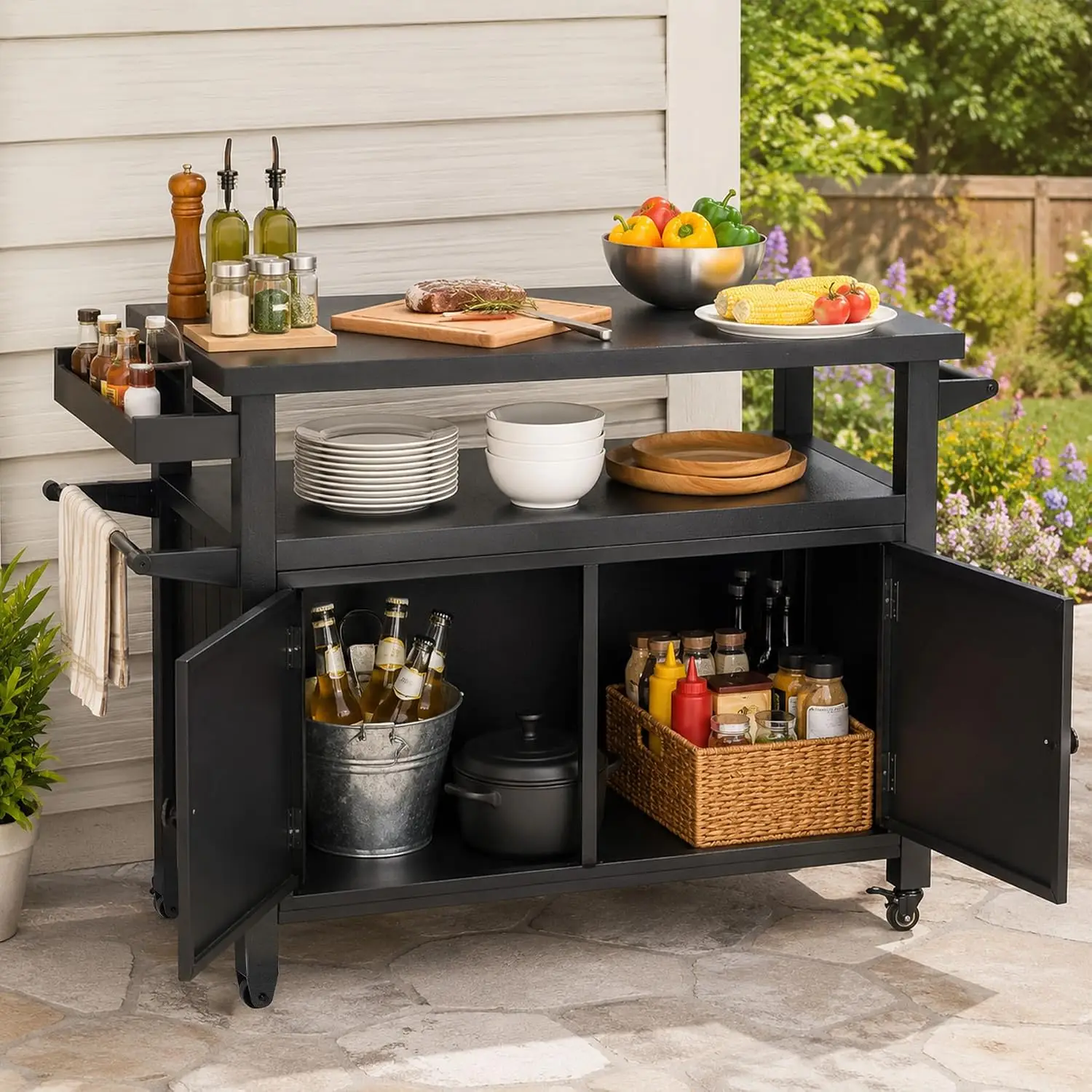 BBQ Grill Storage Cart/Bin, Grill Carts Outdoor Storage Cabinet, Cooking Prep BBQ Table with Wheels for Patio Island Party Bar