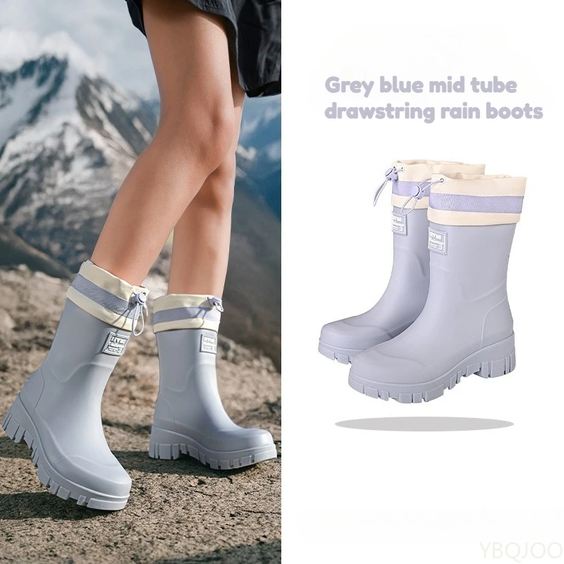 Feuchtigkeitsbeständige, wasserdichte Damen-Regenstiefel mit Kordelzug und mittlerem Schlauch, rutschfestem und vielseitigem, verstellbarem Kordelzug