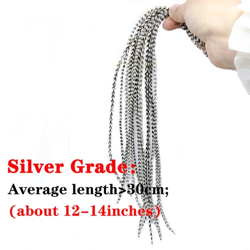 Imagen 2 del producto 10 plumas plateadas de 12-14 pulgadas de largo, plumas para atar moscas secas, silla de gallo grizzly blanco y negro, pluma de hackle para gancho, tamaño 14 # 16 # 18 #