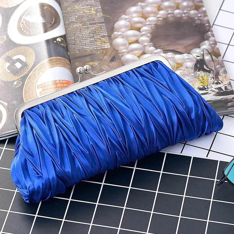

Women'S Satin With Removable Satin Pleated Bag Chain Strap Evening Party Wedding Handbag Purse Royal Clutch Bag Blue