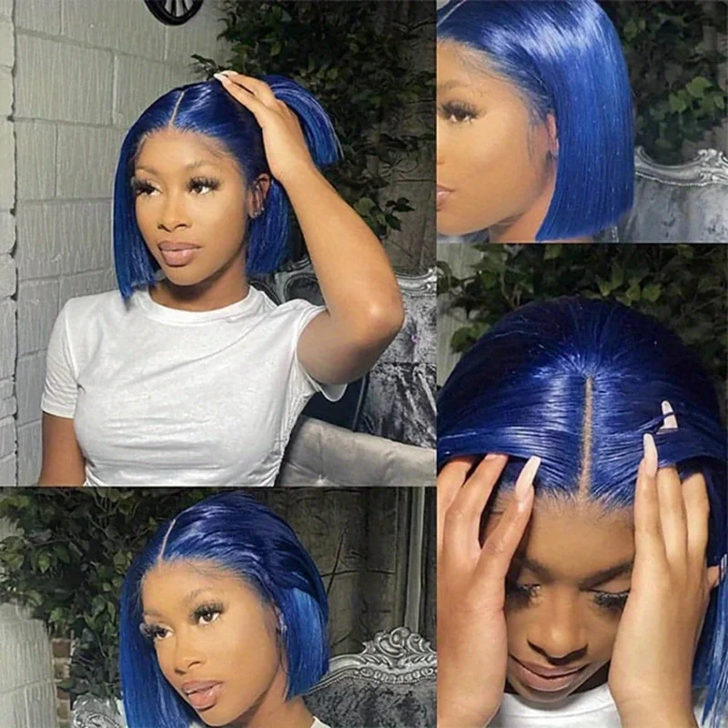 200%Density 13X4 Lace Front Wigs For Women Human Hair Blue Short Bob Wigs Brazilian Hair Wigs Transparent Lace Wig For Women