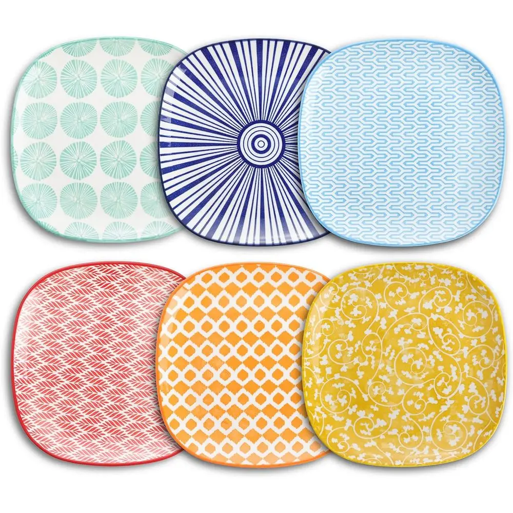 

Porcelain Square Dessert Salad Pasta Plates 7.6 inches ceramic plates set of 6 microwave/dishwasher/oven safe, Assorted Colors