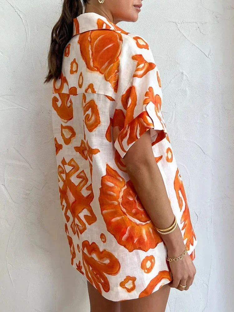 New 2024 Summer Fashion Trend Design Print Shorts Lapel Baggy Blouse Casual Suit Two Piece Sets Womens Outifits  Shorts
