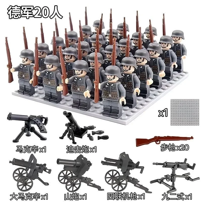 Schlüsselwörter: Zweiter Weltkrieg, Bausteine, Artillerie, Spezialeinheiten, humanoide Puppe, Mini-Figur, Spielzeug, Stiftebox, Geburtstagsgeschenk
