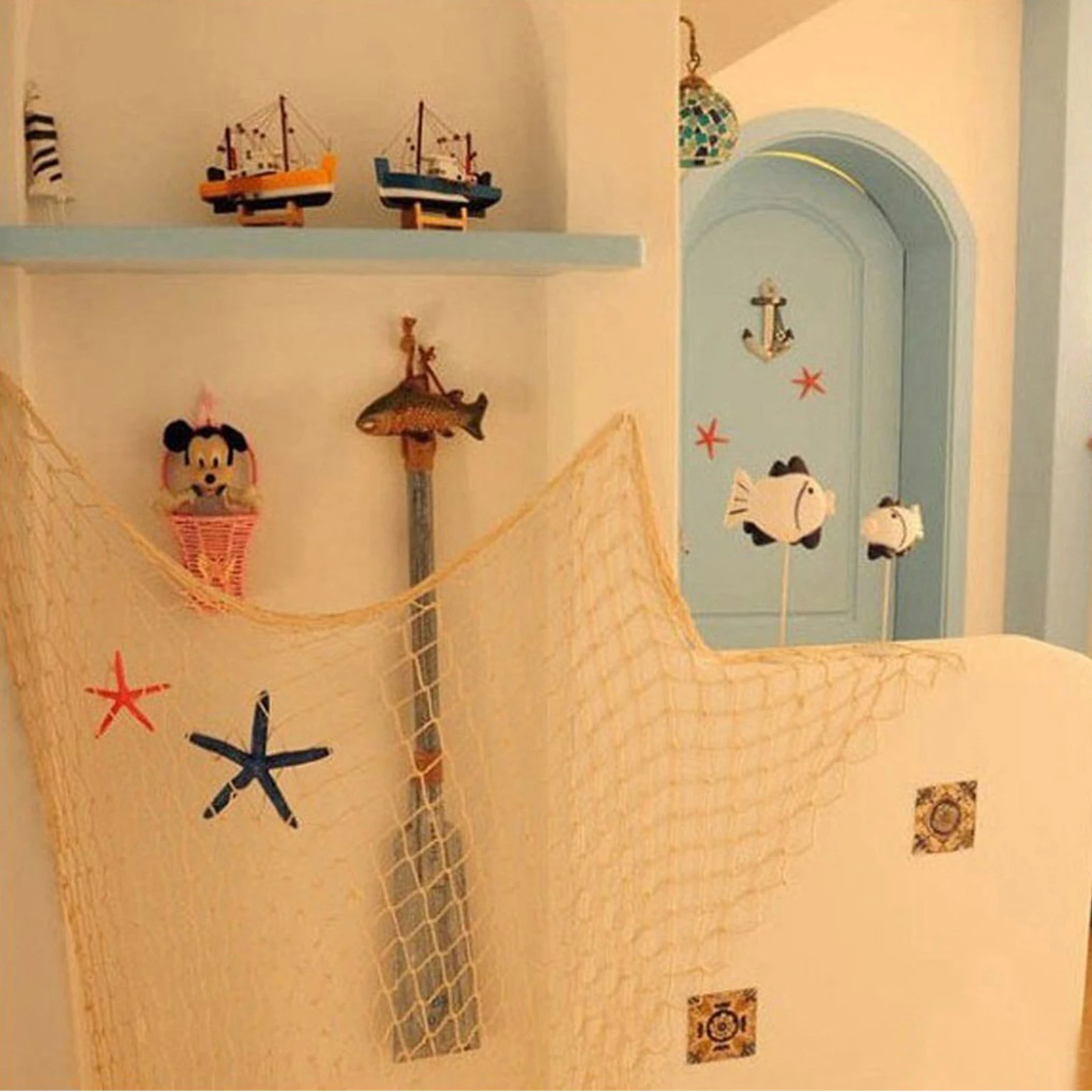 

Stair Rail Decorative Fish Net Blue Mediterranean Style Nautical Party Home Wall Hanging Fishing Netting For Stage Set (Beige)