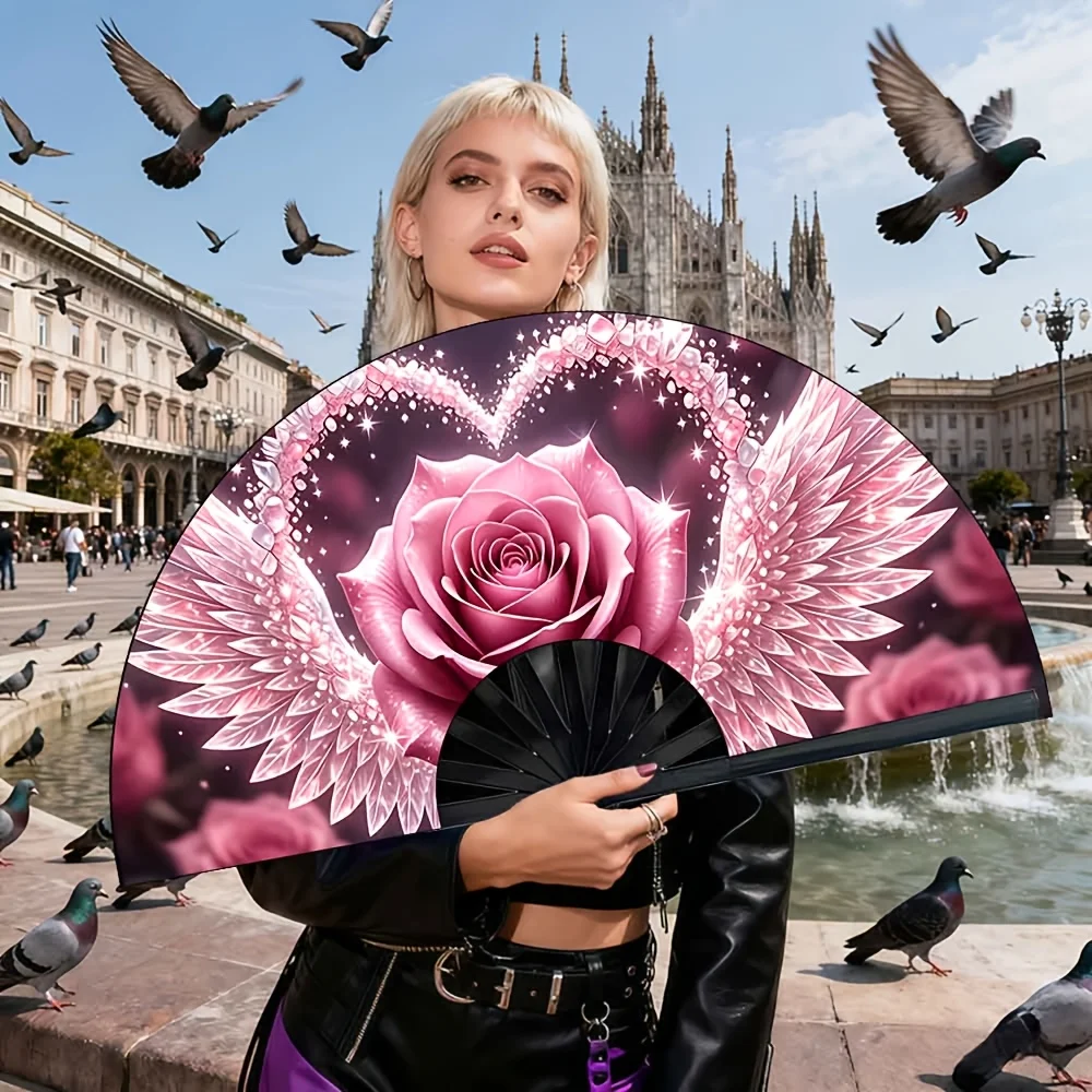 Bohemian Rose Folding Fan Suitable for Parties, Birthday Gifts & Summer Use - Pink Rose Wing Print with Decorations, Dreamy Sweet Themed Ladies Fashion Accessory for Weddings, Photo Shoots, Prom