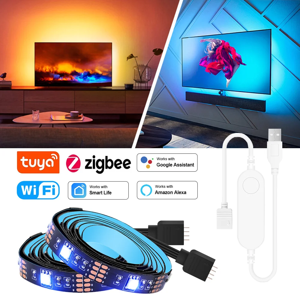 Inteligentna taśma LED USB Zigbee wodoodporna Tuya Wifi RGB Led DC5V 5050 inteligentne podświetlenie telewizora Led Wok z Alexa Google Home