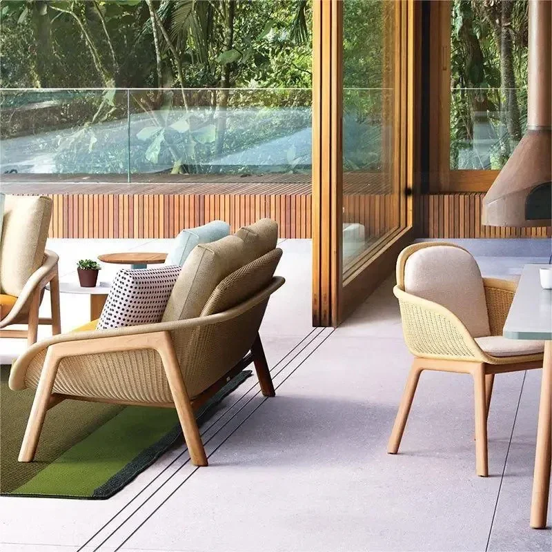 โซฟากลางแจ้งหรูหราไม้โซฟาลานโรงแรมไม้สักชุดเฟอร์นิเจอร์สวน