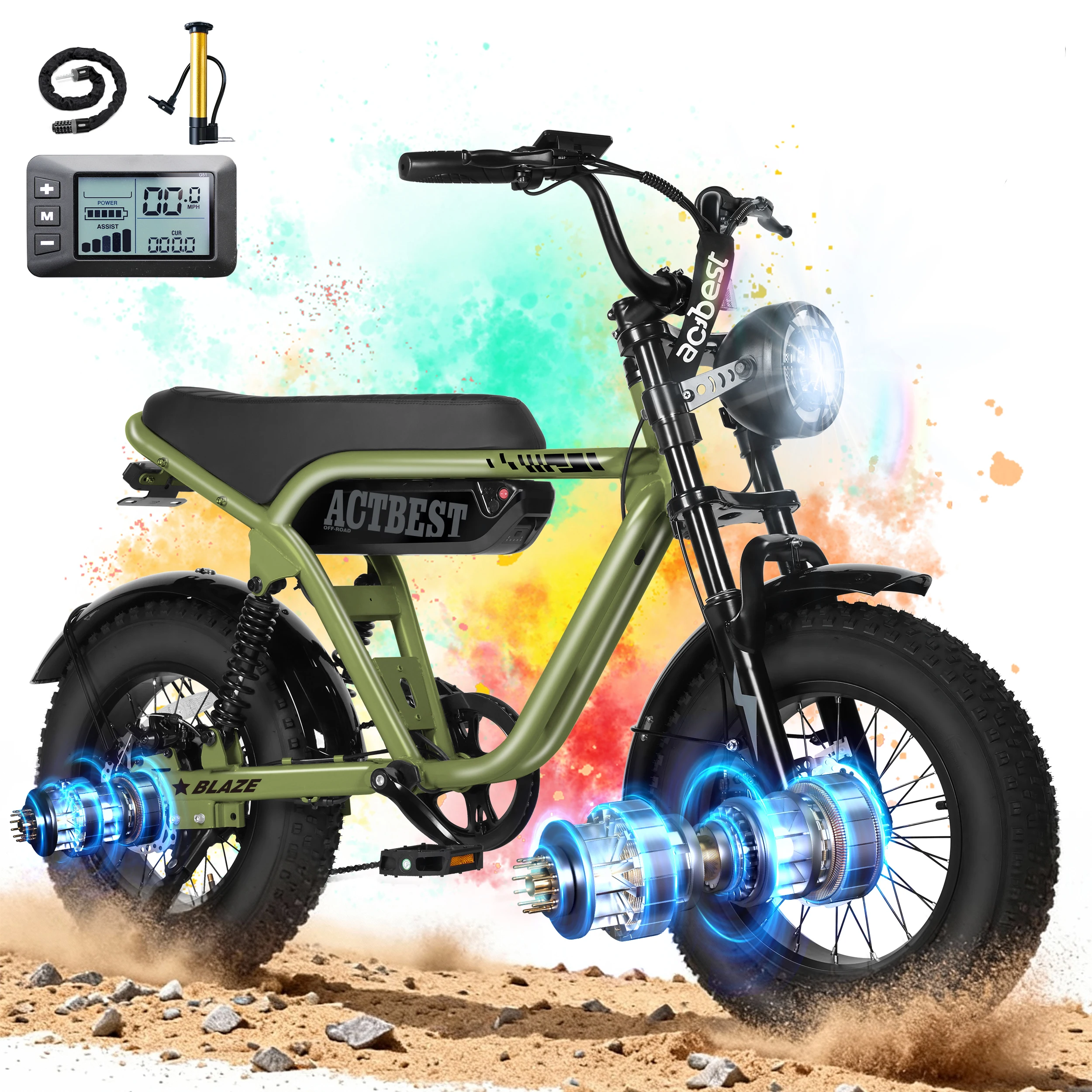 ActBest Blaze Electric Bike, 16" Fat Tires Electric Mountain Bike, 1500W Peak Motor 48V 13Ah, 25 MPH 55Mi Range Off-Road Ebike with Full Suspension, with Free Bike Lock image 1