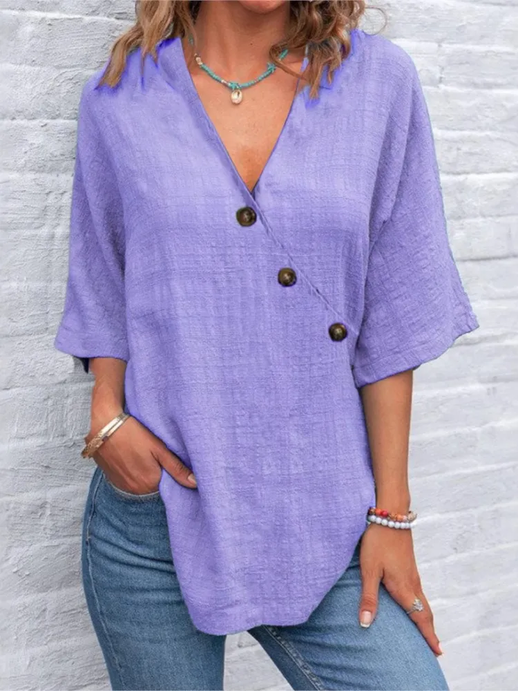 قميص نسائي جديد قميص فضفاض غير رسمي سادة موضة الصيف رقبة على شكل V أنيق بأكمام قصيرة قمصان للحفلات ملابس نسائية