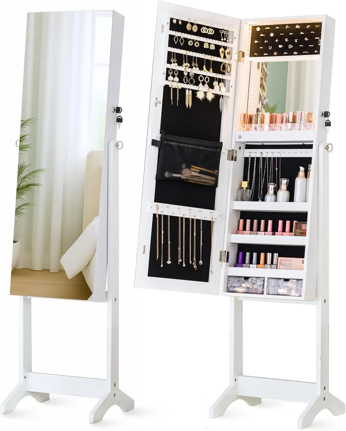 

Зеркальный шкаф для украшений со светодиодной подсветкой, напольный, 60 дюймов, с полноразмерным зеркалом, местом для хранения, встроенным зеркалом для макияжа, 3 регулировки