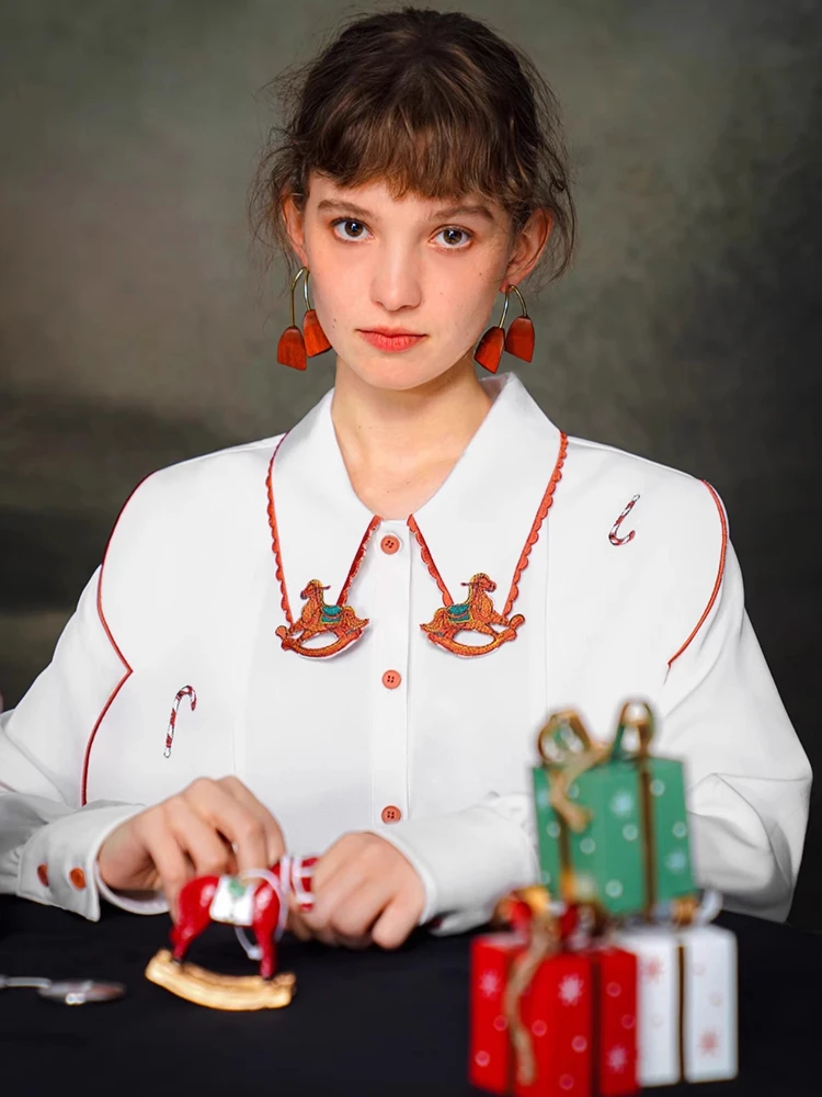 

93-101 см, весенне-осенние рубашки с бюстом, оригинальный дизайн, женские винтажные элегантные свободные белые рубашки/блузки с вышивкой и воротником-русалкой