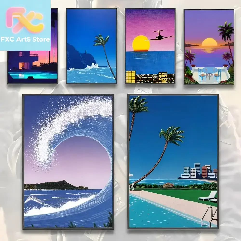 1pc frameless Hiroshi Nagai Vaporwave Japan Beach Painting Calligraphy HD Canvas Poster living room bedroom bar aesthetic decora