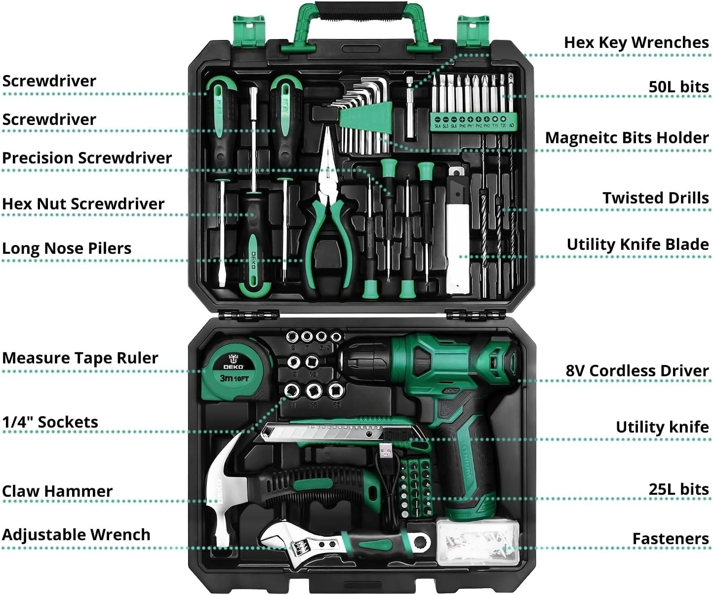 tool-kit-8v-cordless-drill-home-toolbox-with-storage-case-hand-tool-set-for-home-repairs-126-piece-green