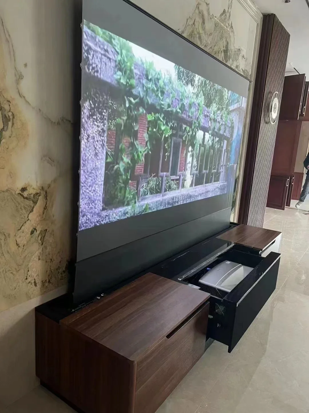 Tela do projetor com gabinete 90 polegadas/100 polegadas piso subindo tela do projetor alr ust eletrônico motorizado piso subindo projeção s