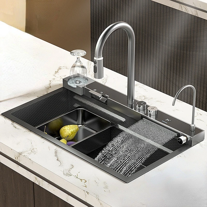 

Stainless Steel Sink Waterfall Faucet Large Single Slot Bionic Honeycomb Wash Basin Kitchen