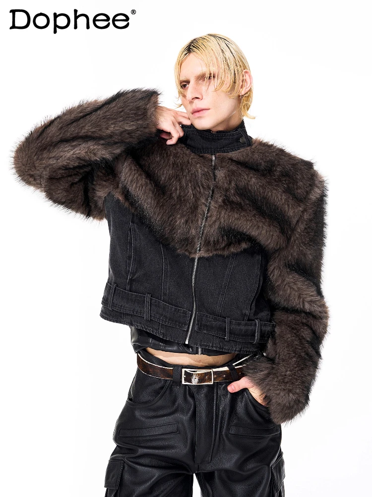 남성용 2025 겨울 신상 패션 인조 퍼 데님 재킷 남성용 인조 퍼 스플라이싱 데님 코트 남성성 긴 소매 데님 재킷