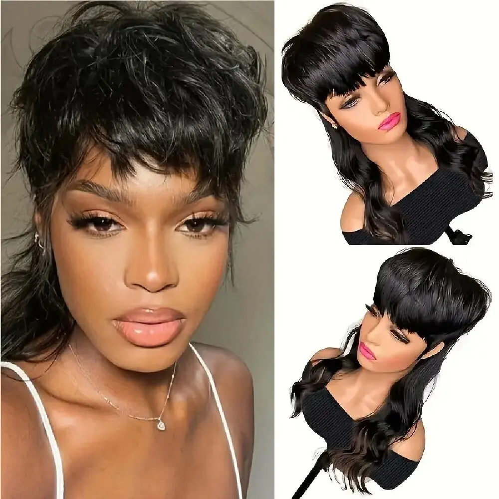 Body Wave Brazilian 100% Virgin Human Hair Wig Pixie Cut Wigs For Women Full Machine Made Mullet Cut Human Hair Wigs With Bangs