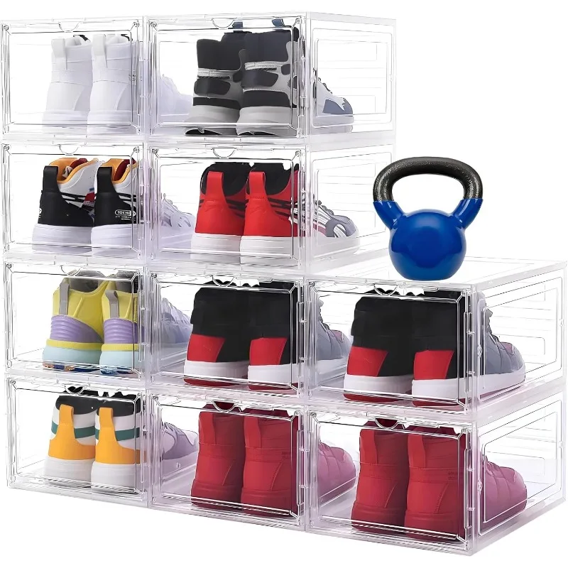 10 Pack Shoe Boxes Clear Plastic Stackable, with Magnetic Clear Door, Sneaker Storage Display Case Fit up to US Size 12