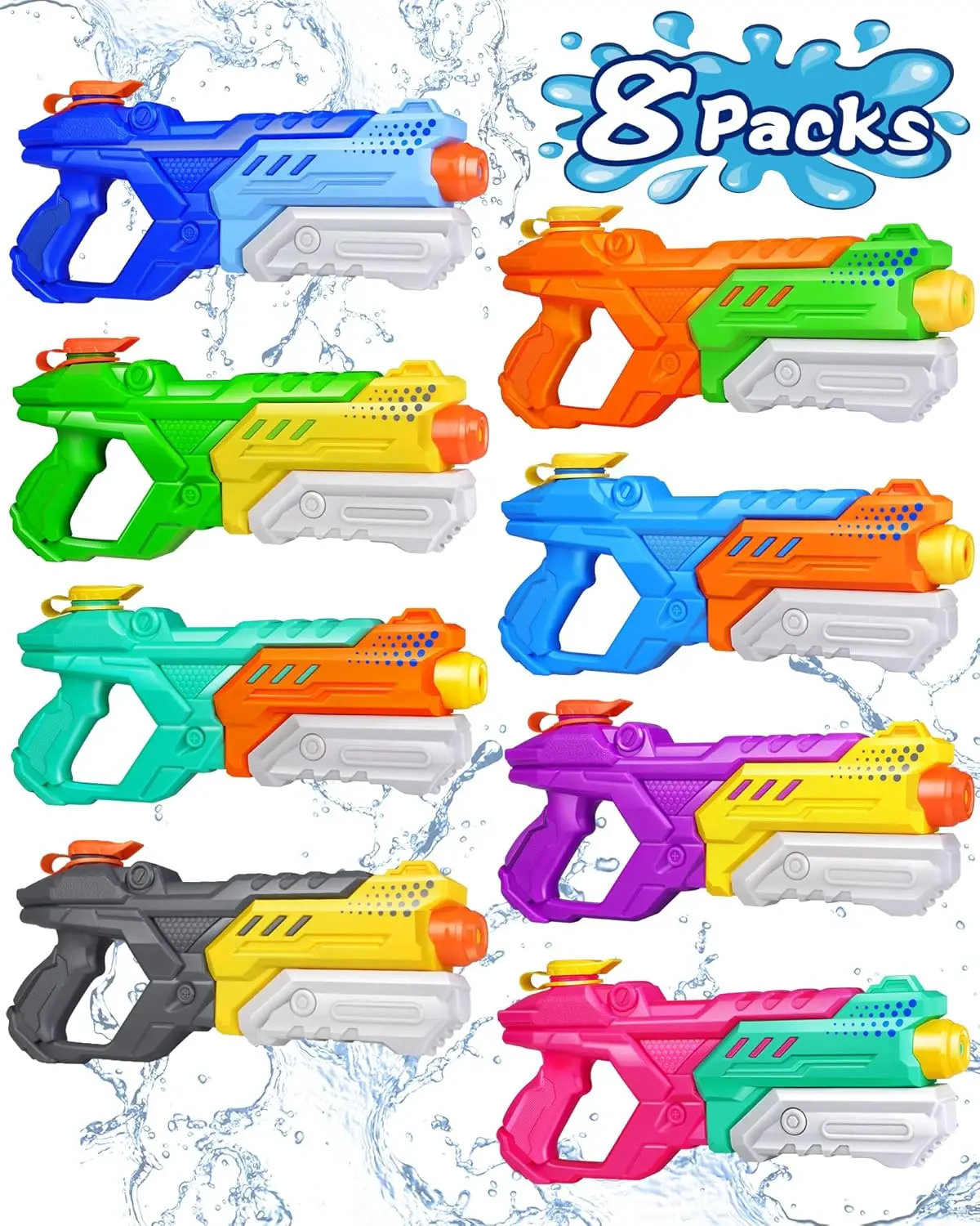 

Набор из 8 водных пистолетов Super Squirt Blasters с помповым механизмом, объемом 600 мл, дальностью стрельбы до 32 футов, большой емкости, для развлечений на открытом воздухе, у бассейна и на пляже