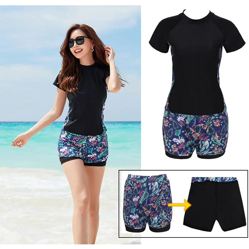 Plus Size Women Short Sleeve Two Pieces Swimsuit Rash Guard Shirt Bathing Suit Surfing Swimwear Boyshorts Bottom