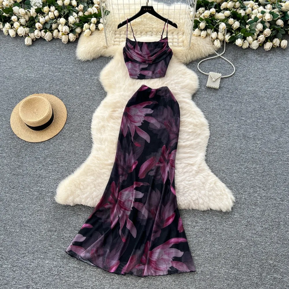 

French chic sleeveless swinging collar print slim fairycore dress women's summer waist pencil dress Beach Two Piece Set