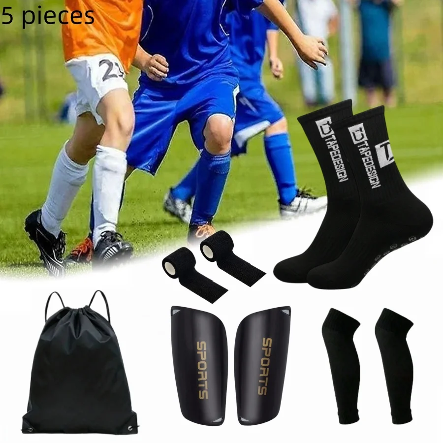 5PCS Set Drawstring Ball Bag Men Women Outdoor Soccer Football Socks Cycling Leg Cover Shin Pads Training Shank Board Bandages