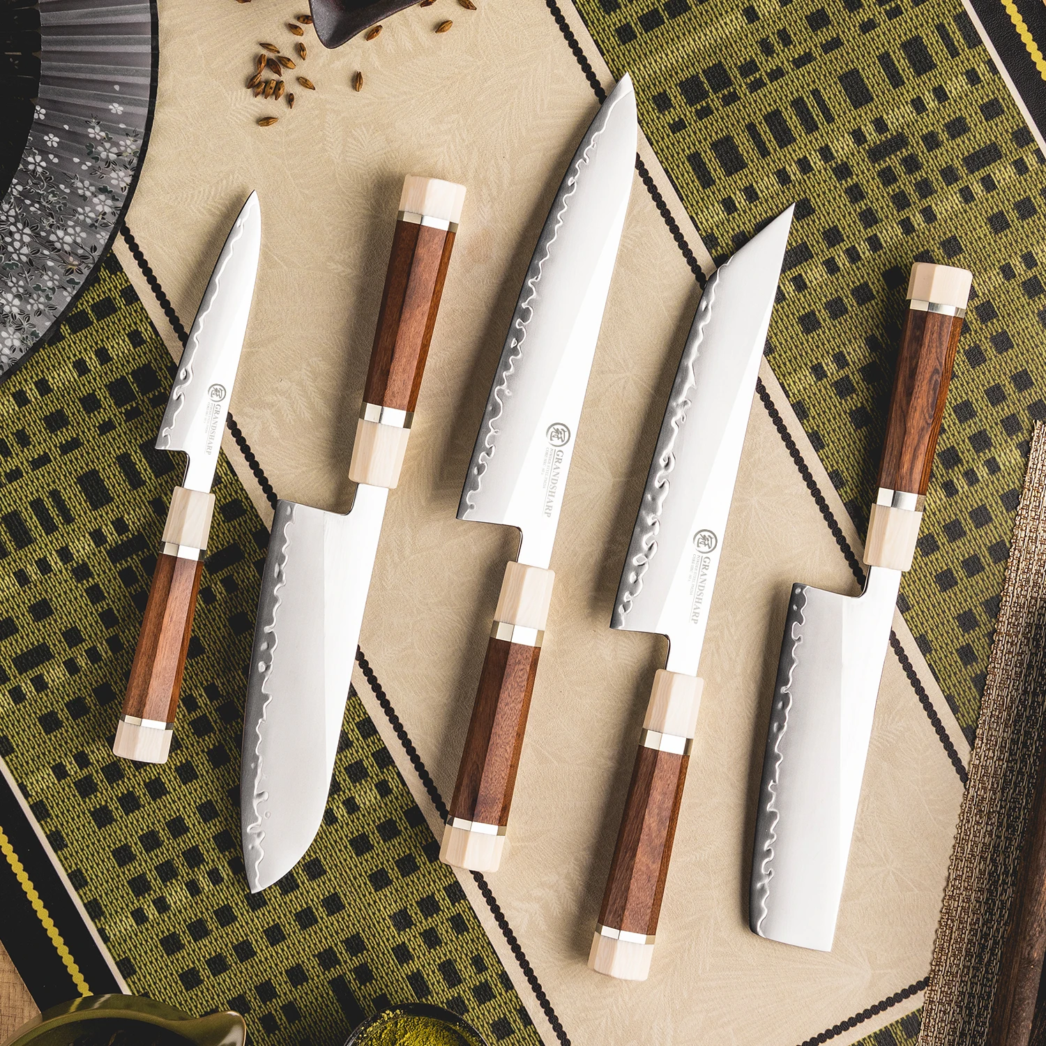 

Набор кухонных ножей Grandsharp, 3-слойная композитная сталь PM204, стальной сердечник, деревянная ручка, профессиональная коллекция ножей шеф-повара от 1 до 5 шт.