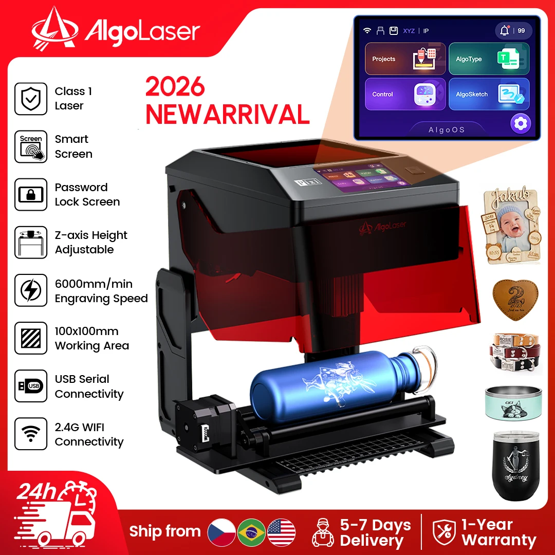 Algolaser PIXI Mini Portable Laser Engraver 3W 5W 10W DIY Bluetooth Machine Painted Dog Tag Paper Leather Wooden Stone Logo