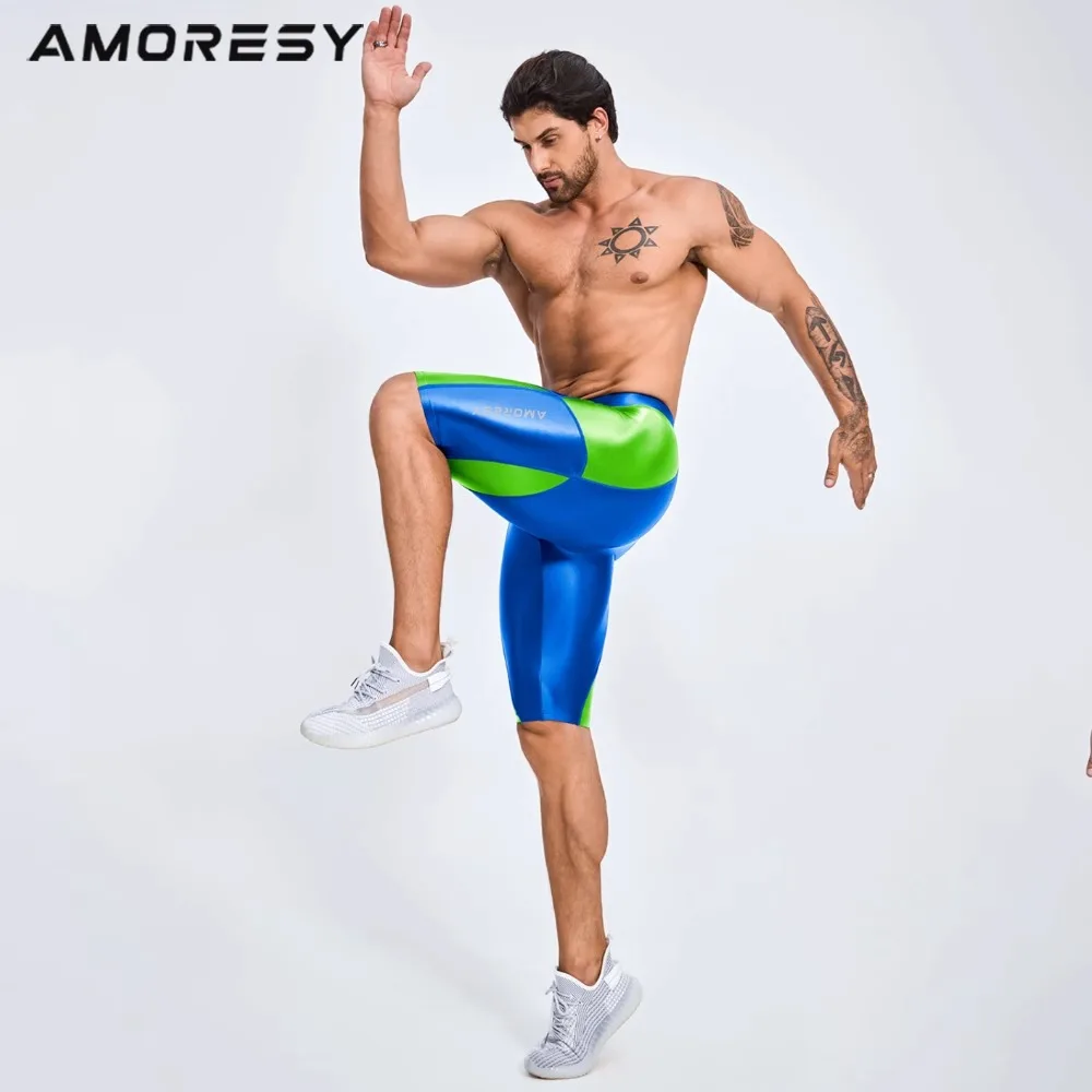 AMORESY Satin glossy shorts men's Casual Shorts silky Smooth Tights High Waisted Yoga Sports Biker Workout Shorts glossy pants