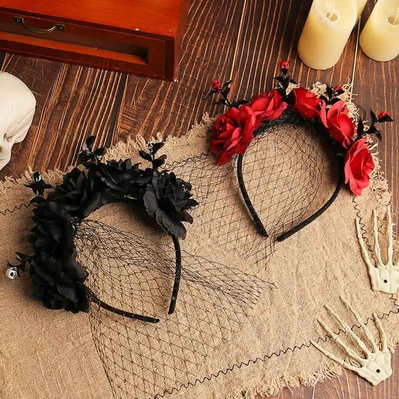 Halloween Rose Veil Headband Halloween Rose Crown Headband Flower Hair Hoop Halloween Rose Hair Hoop Gothic Flower Hair Hoops